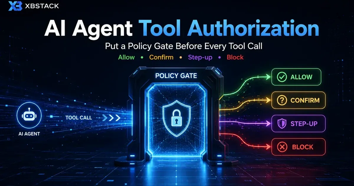 An AI Agent tool call entering a Policy Gate before allow, confirmation, step-up authentication, or block