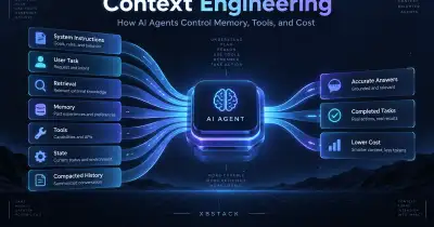 Context engineering routes system instructions, user tasks, retrieval, memory, tools, state and compacted history into an AI agent to produce grounded answers, completed tasks and lower context cost - XBSTACK
