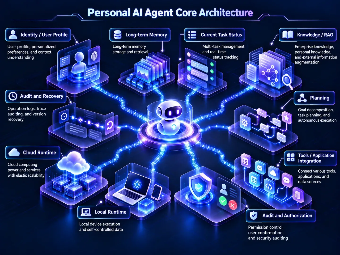 Personal AI Agent 核心架构由身份、长期记忆、当前任务状态、知识 RAG、规划、工具连接、本地与云端运行、授权审批和审计恢复组成