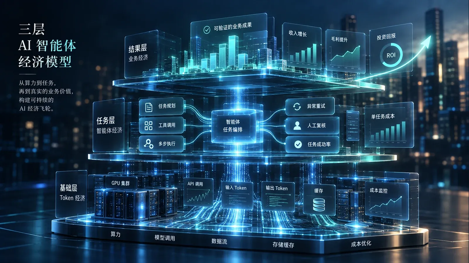 AI Agent 三层经济模型:底层 Token/Compute Economics、中层 Task/Agent Economics、上层 Outcome/Business Economics