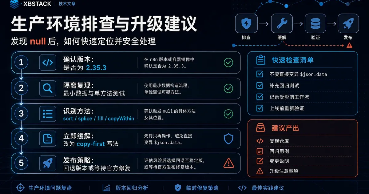 n8n 2.35.3 生产环境排查与升级建议:确认版本、隔离复现、识别受影响方法、使用 copy-first 缓解并评估回退