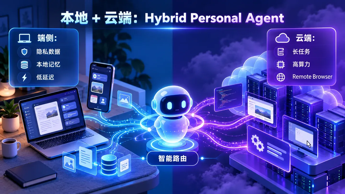 Hybrid Personal Agent architecture keeps private data, local memory and low-latency work on-device while routing long tasks, high-compute reasoning and remote browser work to the cloud