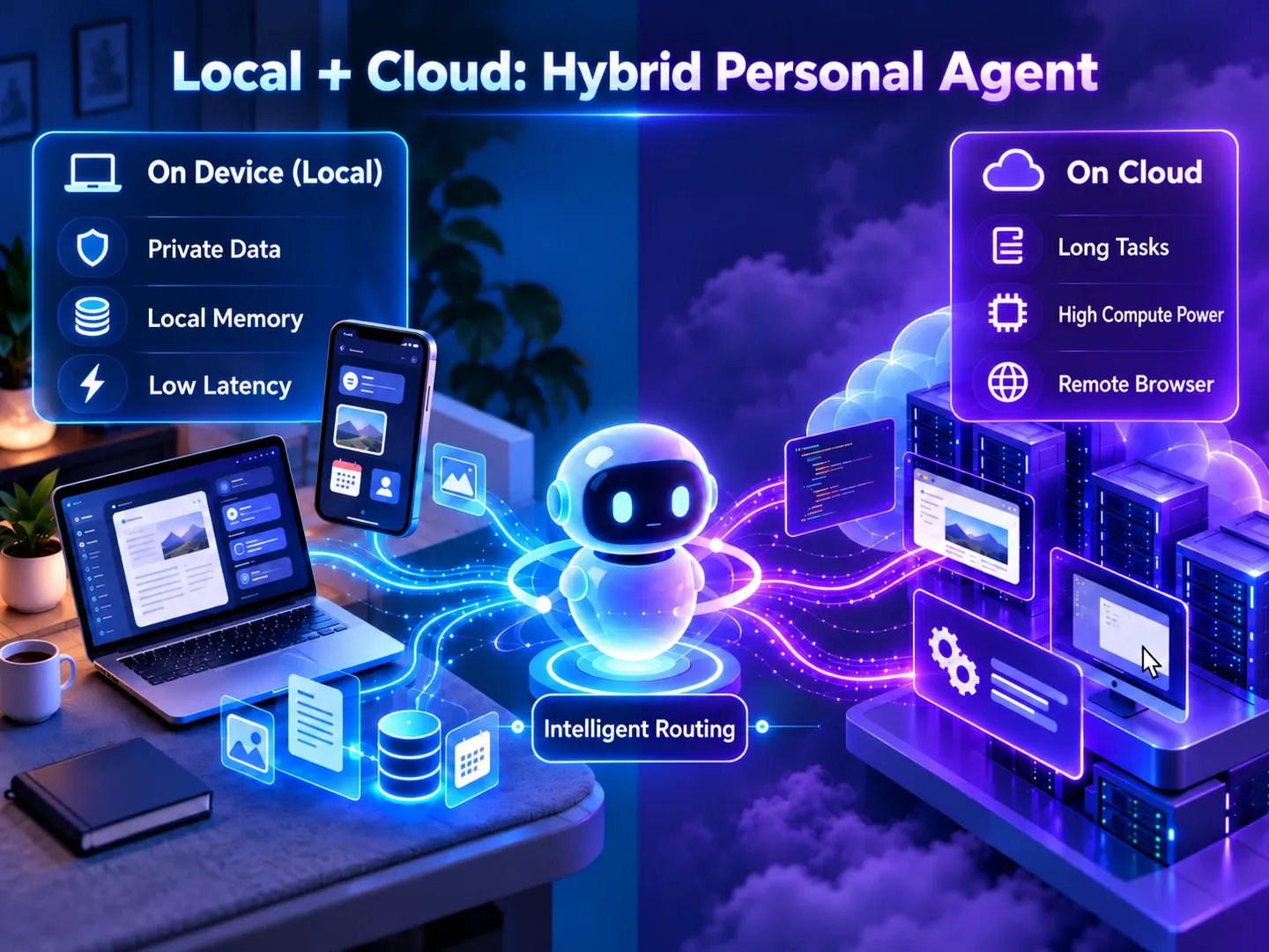 Hybrid Personal Agent 将隐私数据、本地记忆与低延迟任务留在设备端,把长任务、高算力和远程浏览器放到云端并由智能路由协调