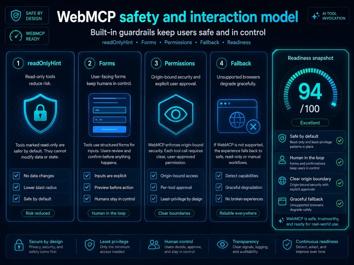 WebMCP 安全与权限模型:readOnlyHint、用户确认、权限边界与安全回退