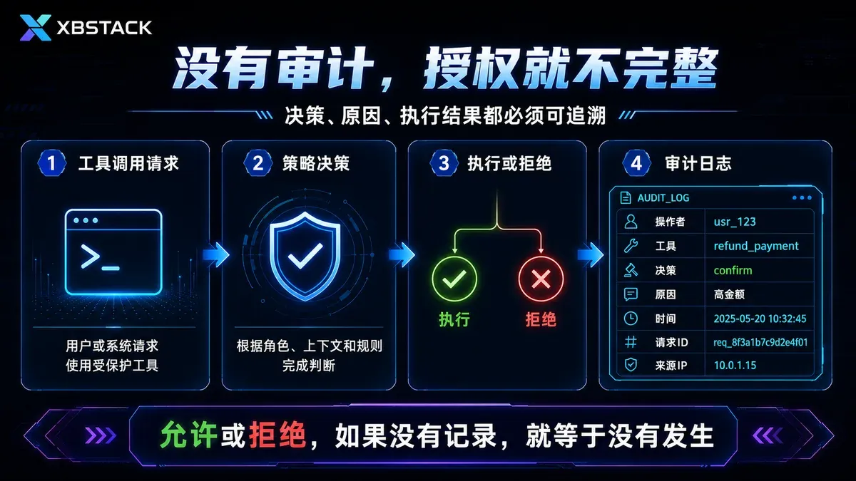工具调用请求、策略决定、执行或拒绝结果最终写入可追踪审计日志