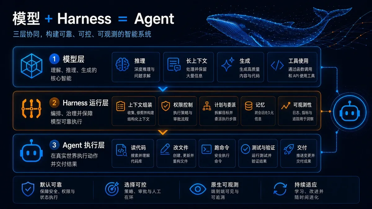 模型负责推理,Harness 负责上下文、工具、计划、审批和执行,二者共同组成 Agent