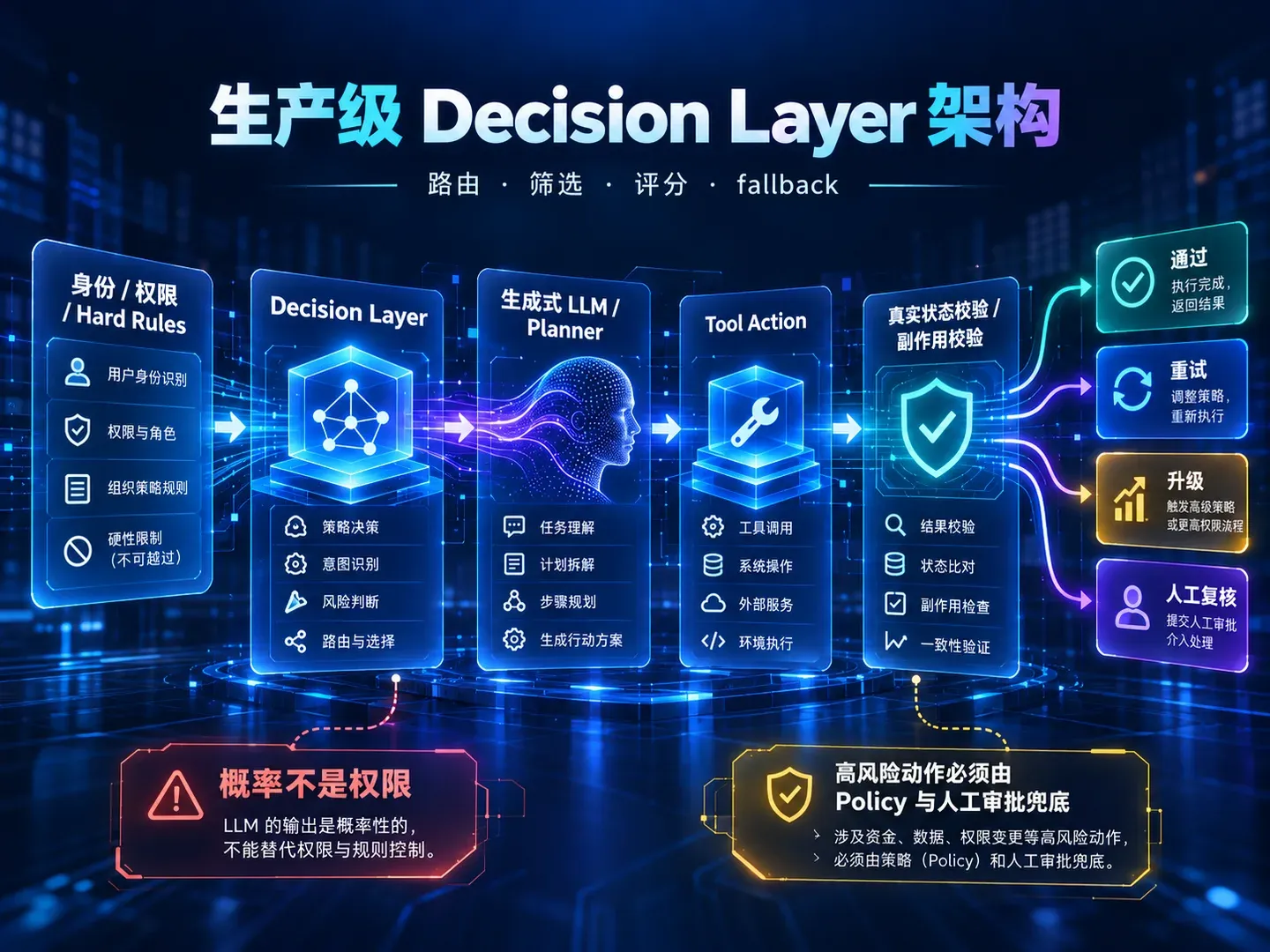 生产级 Decision Layer 架构:身份与硬规则、Decision Layer、生成式 LLM、Tool Action、真实状态验证与人工复核