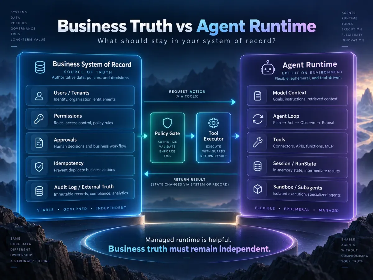 业务事实源与 Agent Runtime 的边界:权限、审批、幂等和审计必须留在独立系统中