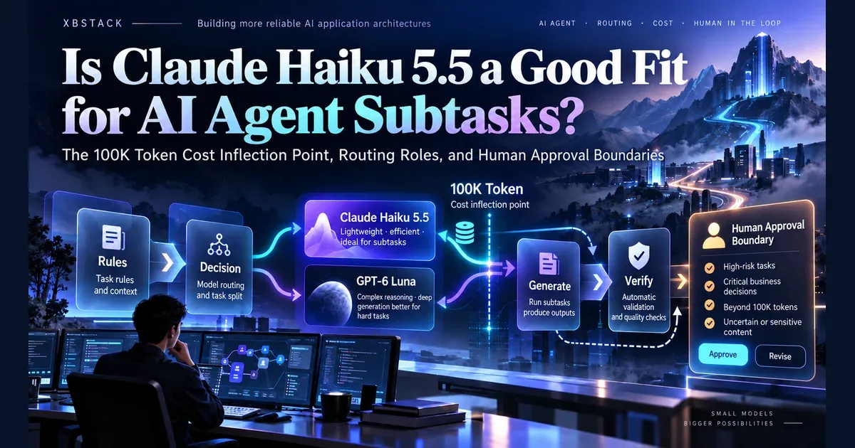 GPT-generated conceptual illustration of Claude Haiku 5.5 agent subtasks, the 100K token pricing boundary and human oversight; not a measured benchmark or product screenshot