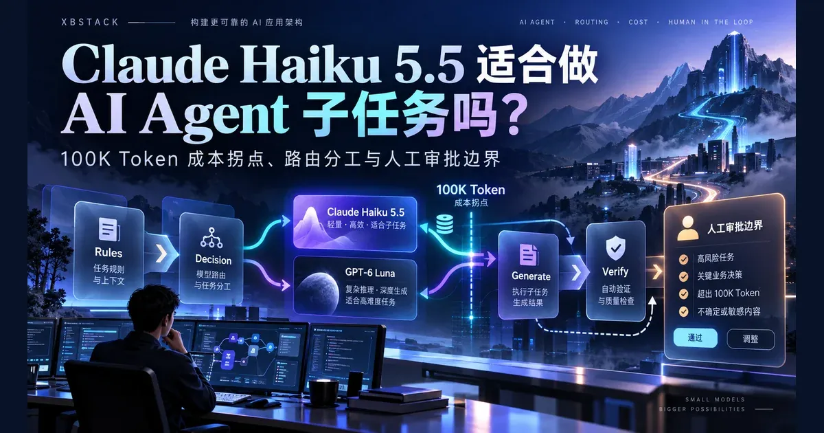 GPT 生成的 Claude Haiku 5.5 Agent 子任务主题图:模型选择、100K Token 费用门槛、Rules 和 Human Review。此图是架构概念插画,不是实测截图