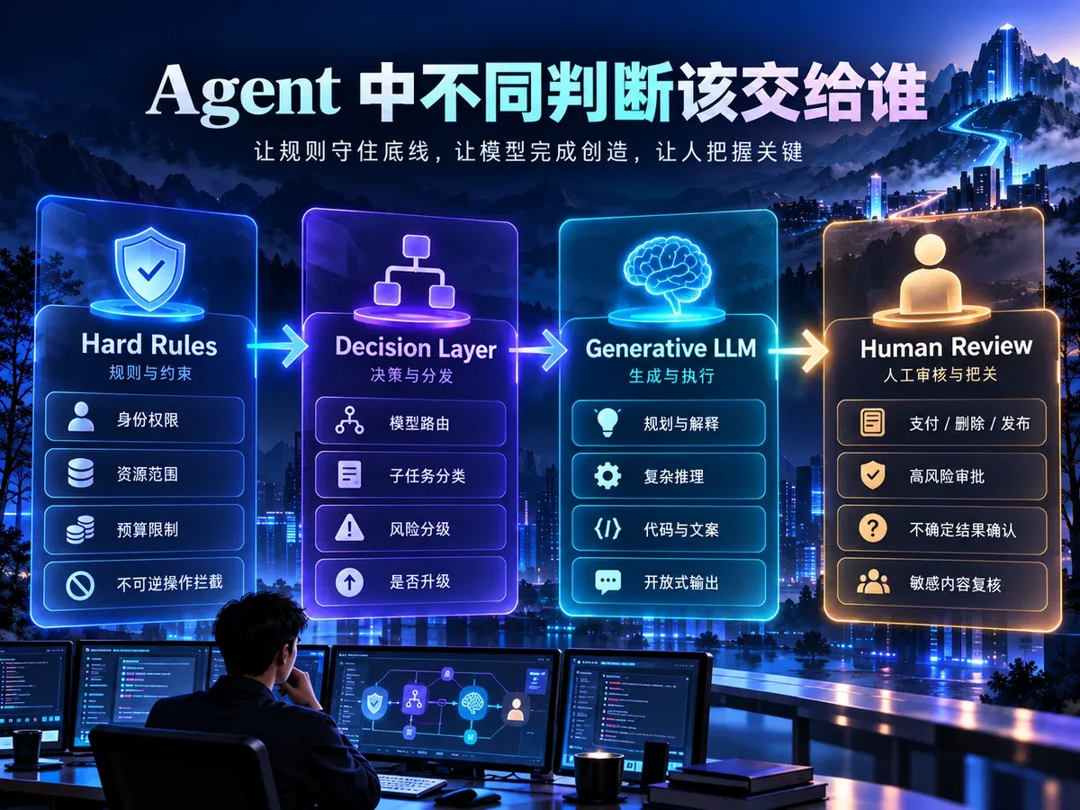 AI Agent 分层执行链路:规则权限和预算、决策路由、生成推理、终态验证,结果分别进入 Pass、Retry、Escalate、Human