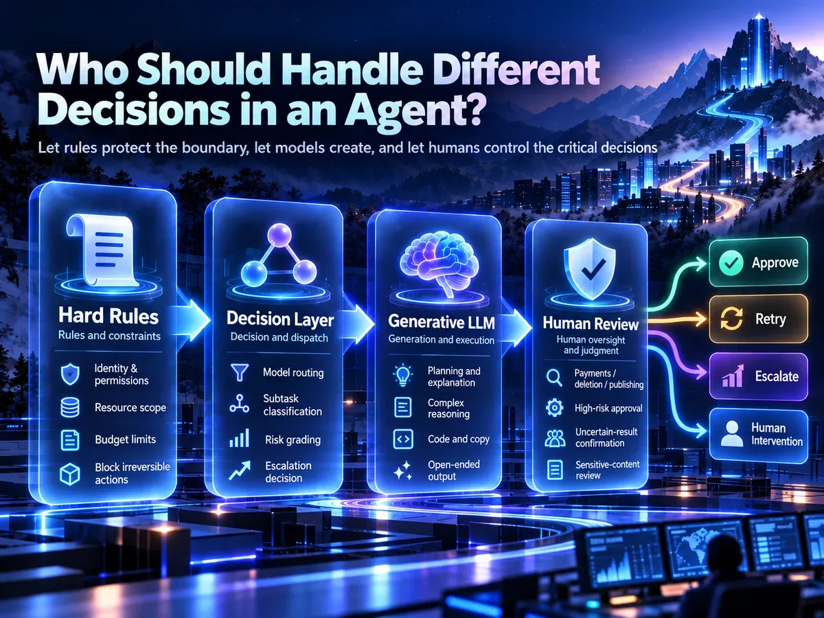 Conceptual responsibilities in AI agents: Hard Rules, Decision Layer, Generative LLM and Human Review. Actual authorization remains with policy enforcement.