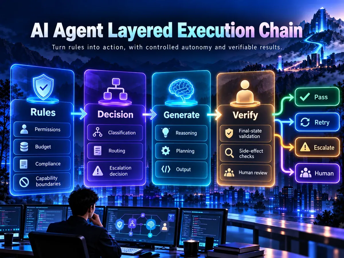 AI agent execution stages: rules, routing decisions, generation and verification with pass, retry, escalation and human outcomes