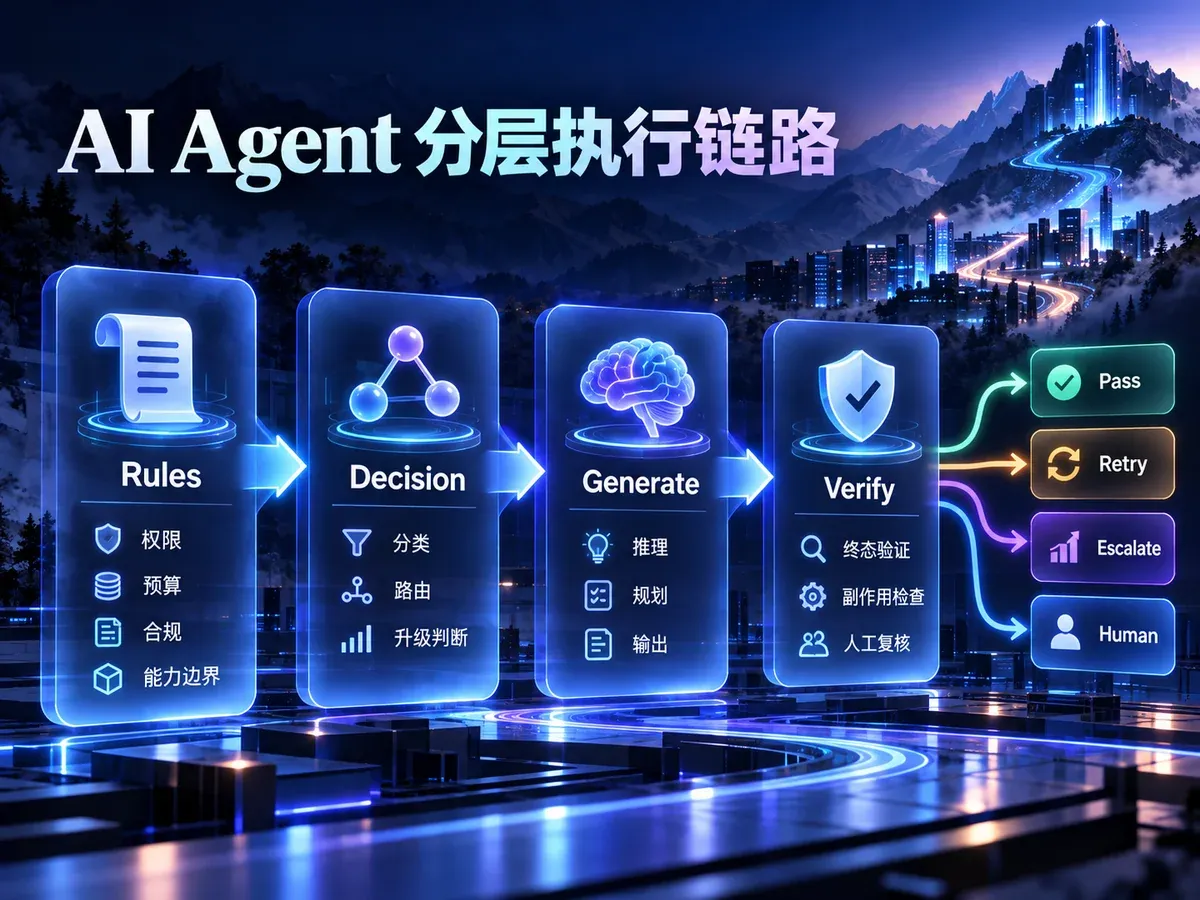 AI Agent 决策职责划分:Hard Rules、Decision Layer、Generative LLM 和 Human Review;概念示意,实际授权以策略引擎为准
