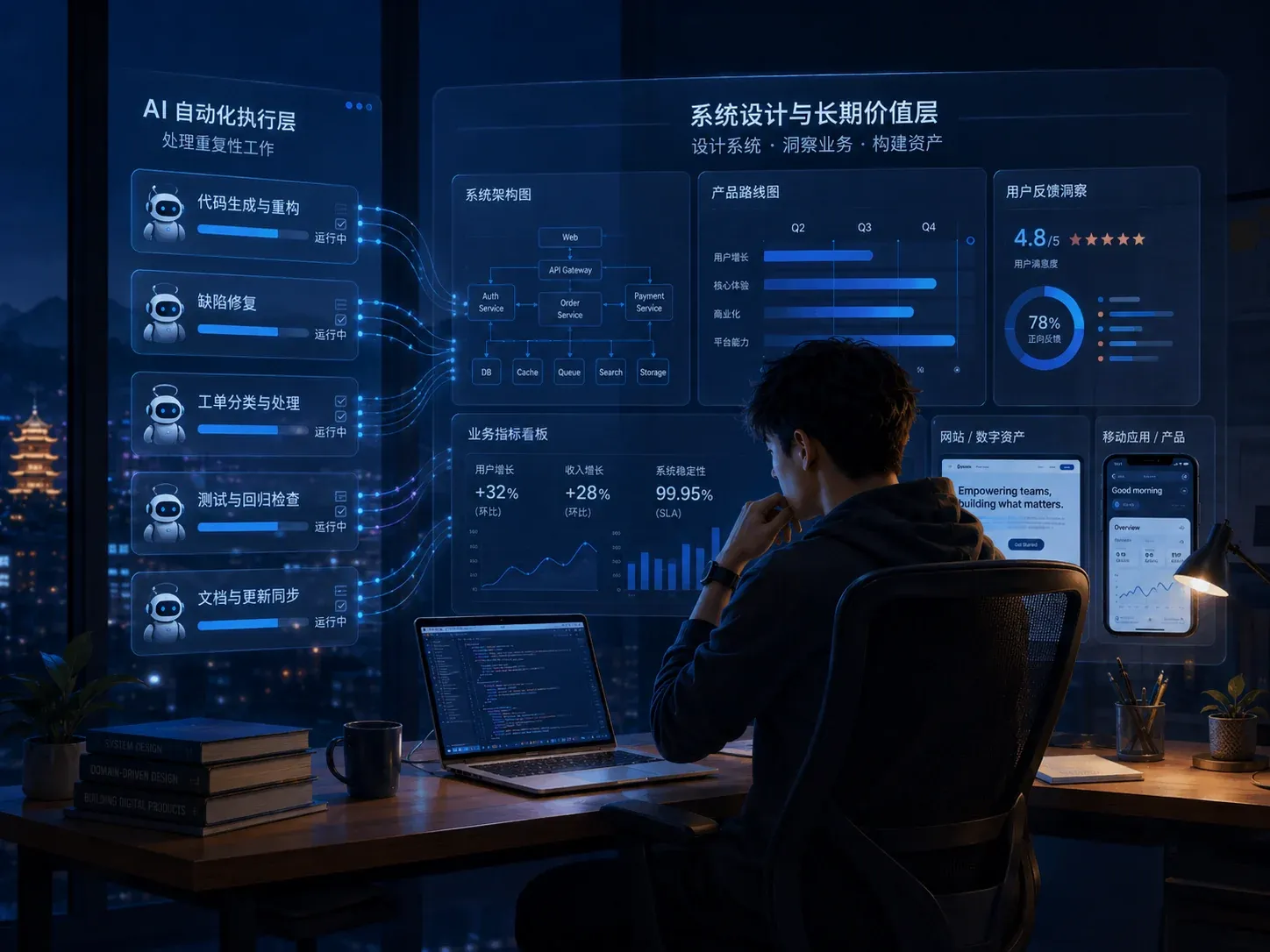  AI automation compresses repetitive execution tasks in customer service, secretarial work, cashiering, and development, shifting humans toward exception handling, system design, and long-term asset building. 