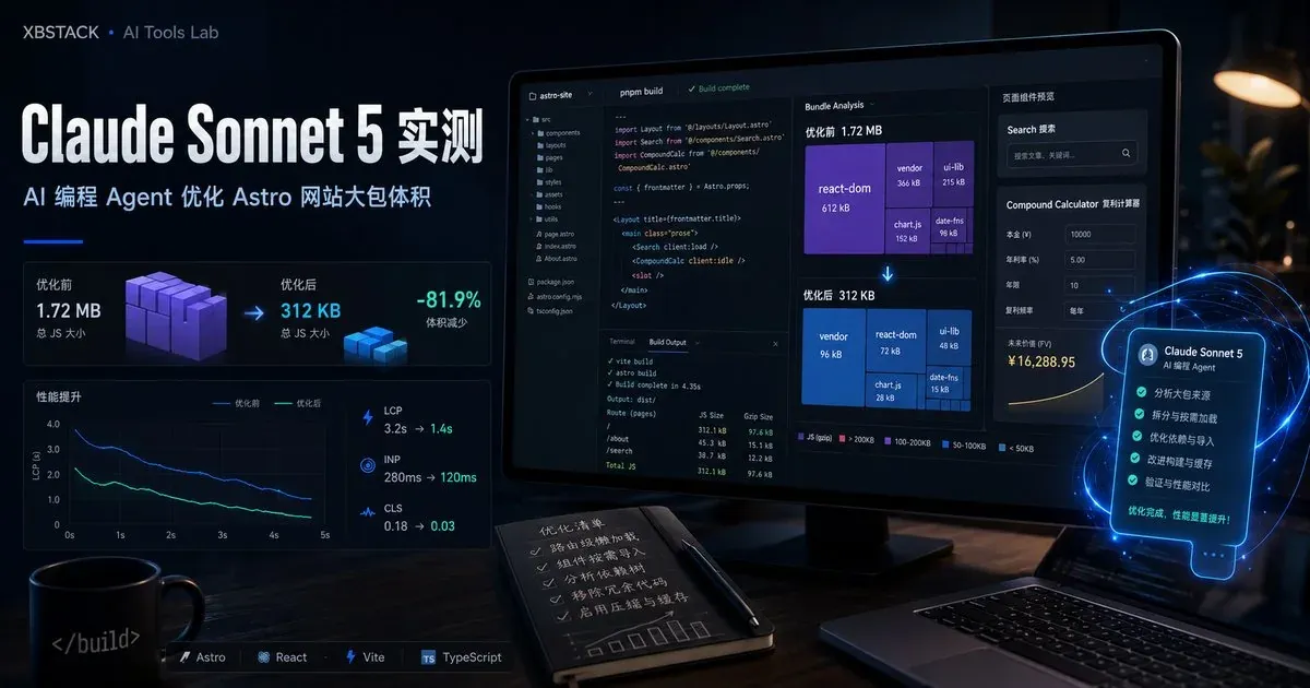 Claude Sonnet 5 优化 Astro 网站 chunk 过大问题的 AI 编程 Agent 实测封面