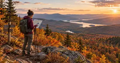 GPT illustration of an autumn day hiker reviewing map and timing above a sunlit valley - XBSTACK