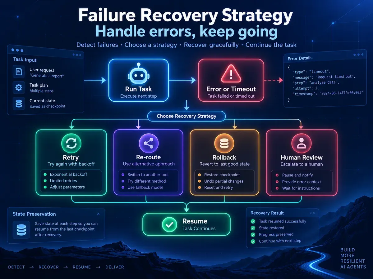 LangGraph failure recovery strategy covering retry, re-routing, rollback, human review, checkpoint preservation, and resume
