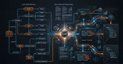 LLM JSON Schema for structured financial report extraction with metrics, risk factors, source evidence, null handling, and validation - XBSTACK