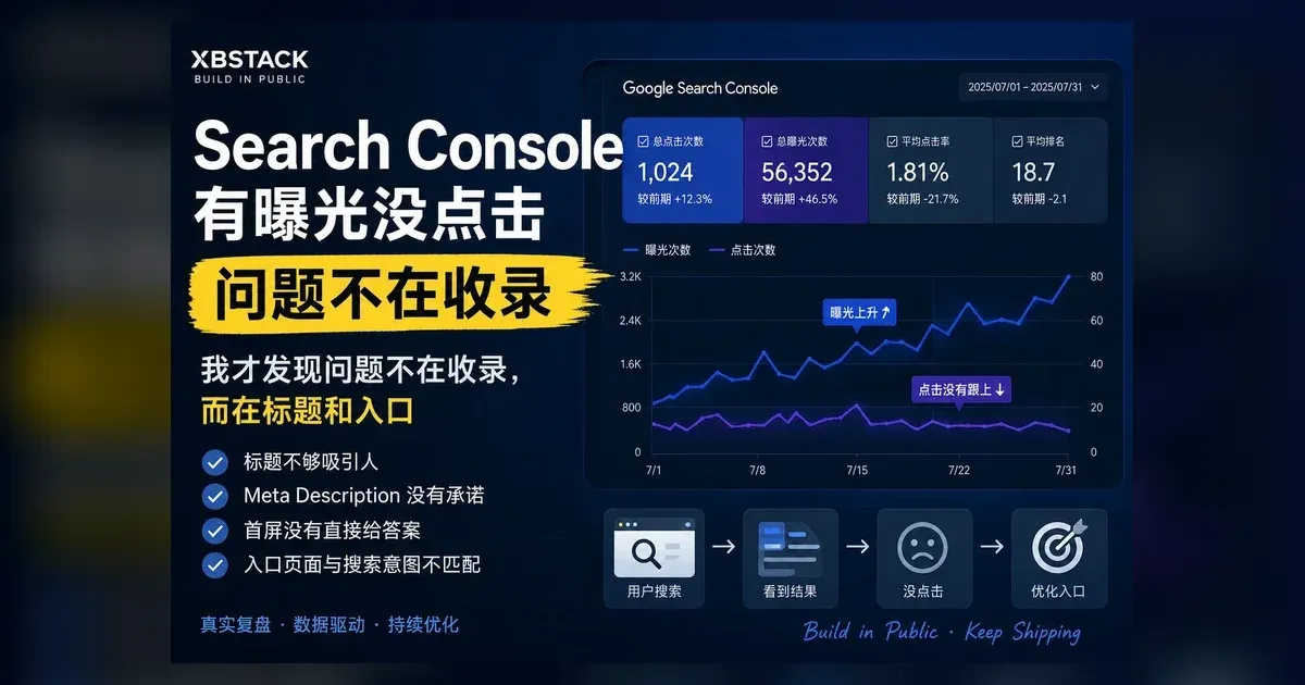 XBSTACK Search Console 有曝光没点击复盘封面,展示曝光上升但点击没有跟上的 CTR 优化问题