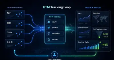 Cover image for XBSTACK's external distribution UTM tracking loop, showing the data path where traffic from external platforms enters GA4, Cloudflare, Search Console, and is handled by internal tool pages via UTM - XBSTACK