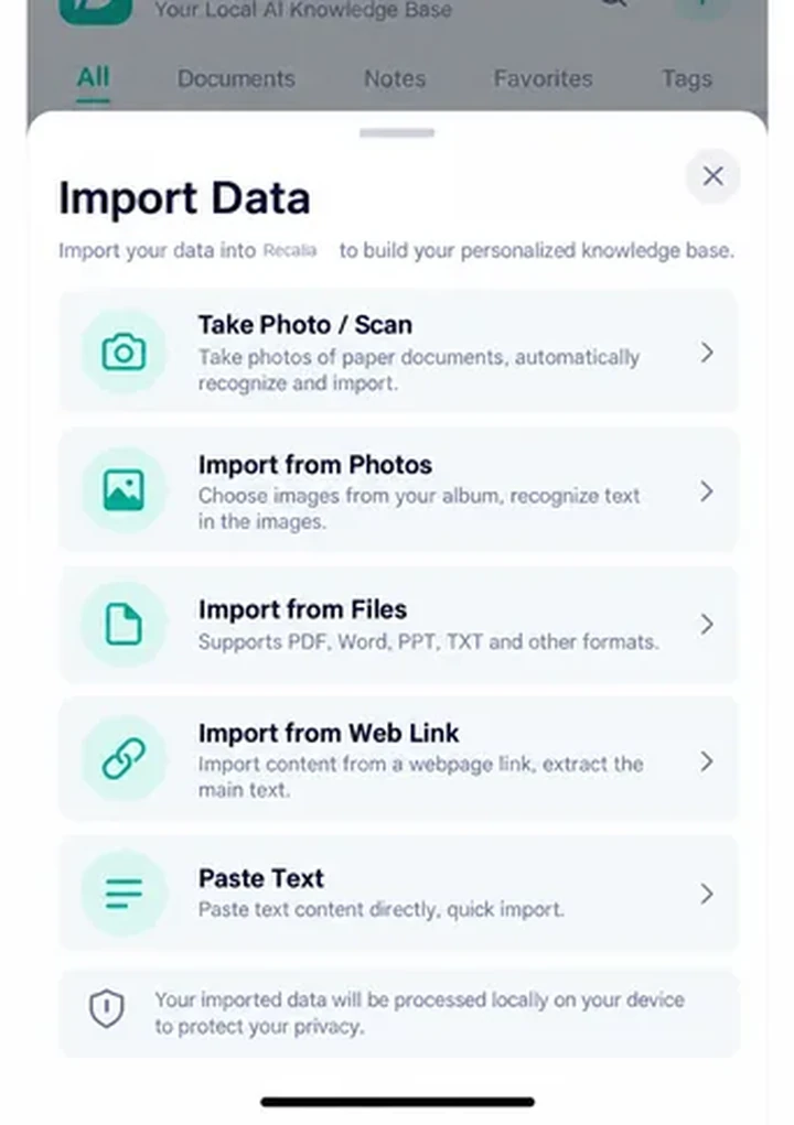Recalia Import current product interface